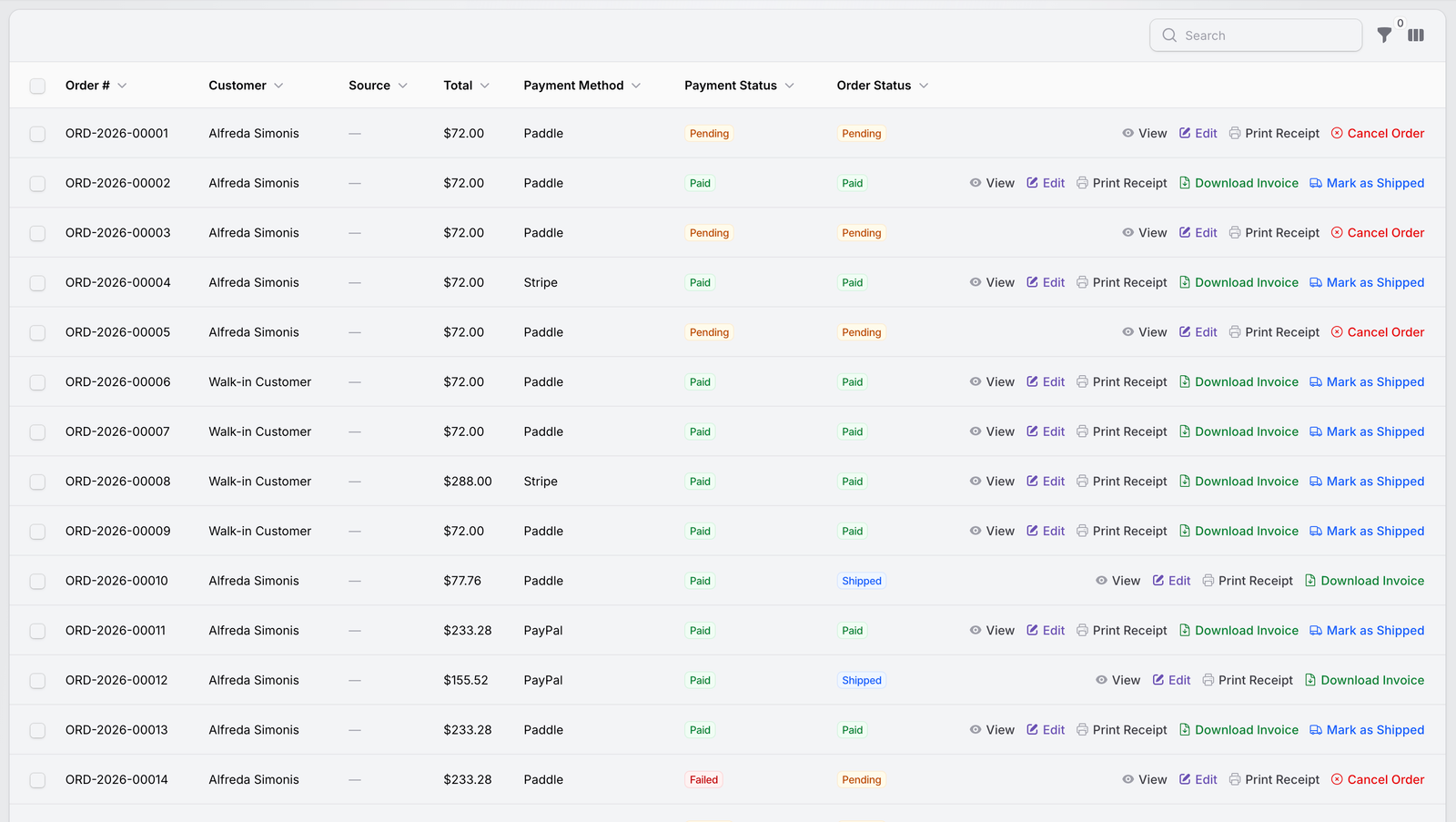 TenantSaaS Orders table showing order numbers, customers, source, totals, payment methods, payment statuses, order statuses, receipts, invoices, shipping, and cancellation actions.